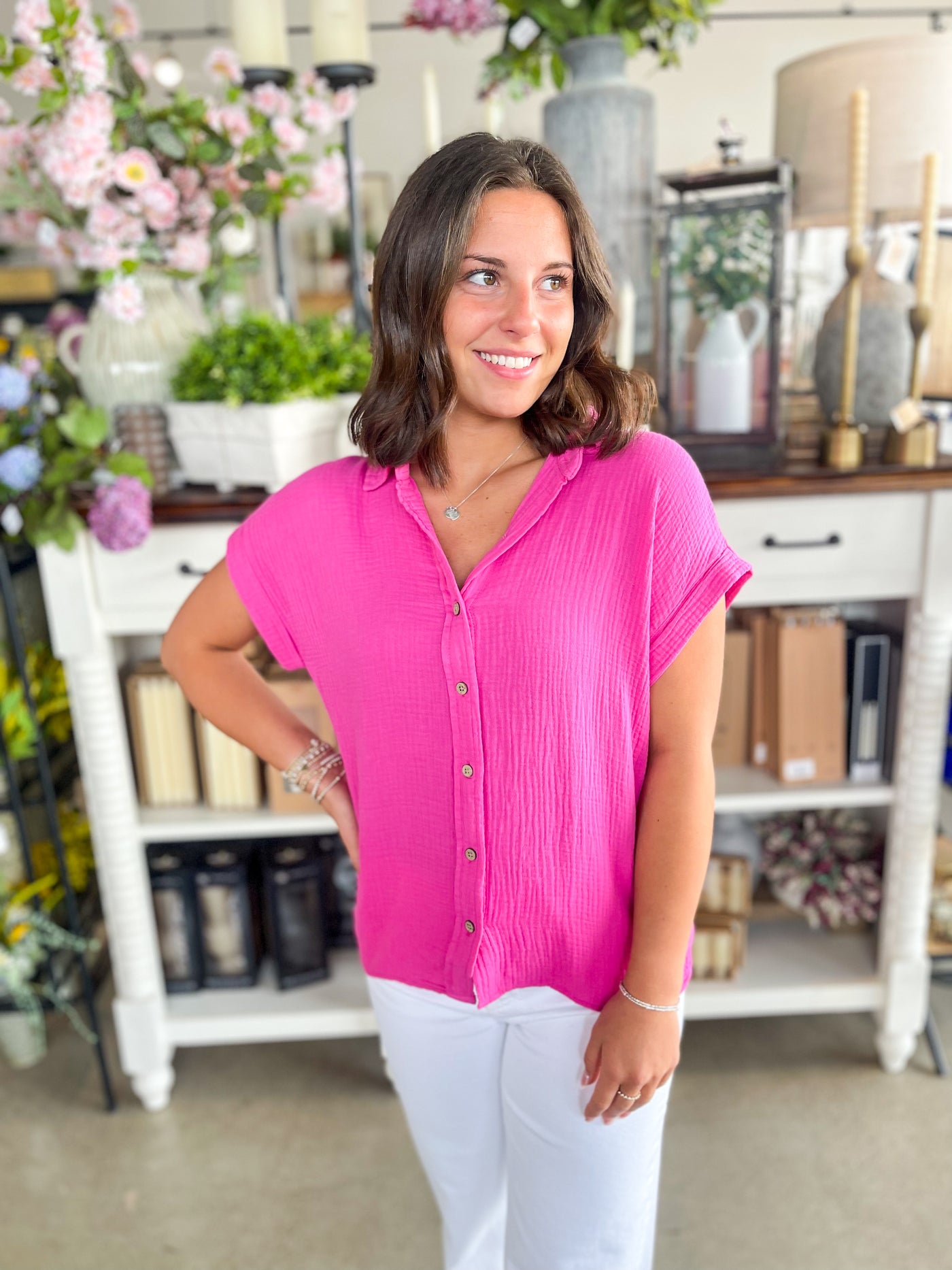 Verna Pink Gauze Button Top