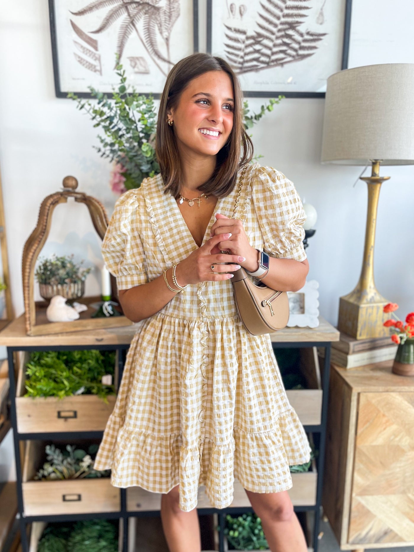 Beige Checked Baylor Dress