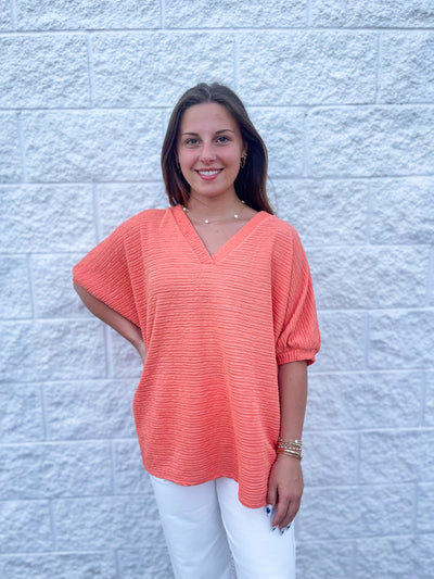 Melon Textured V Neck Dolman Short Sleeve Top