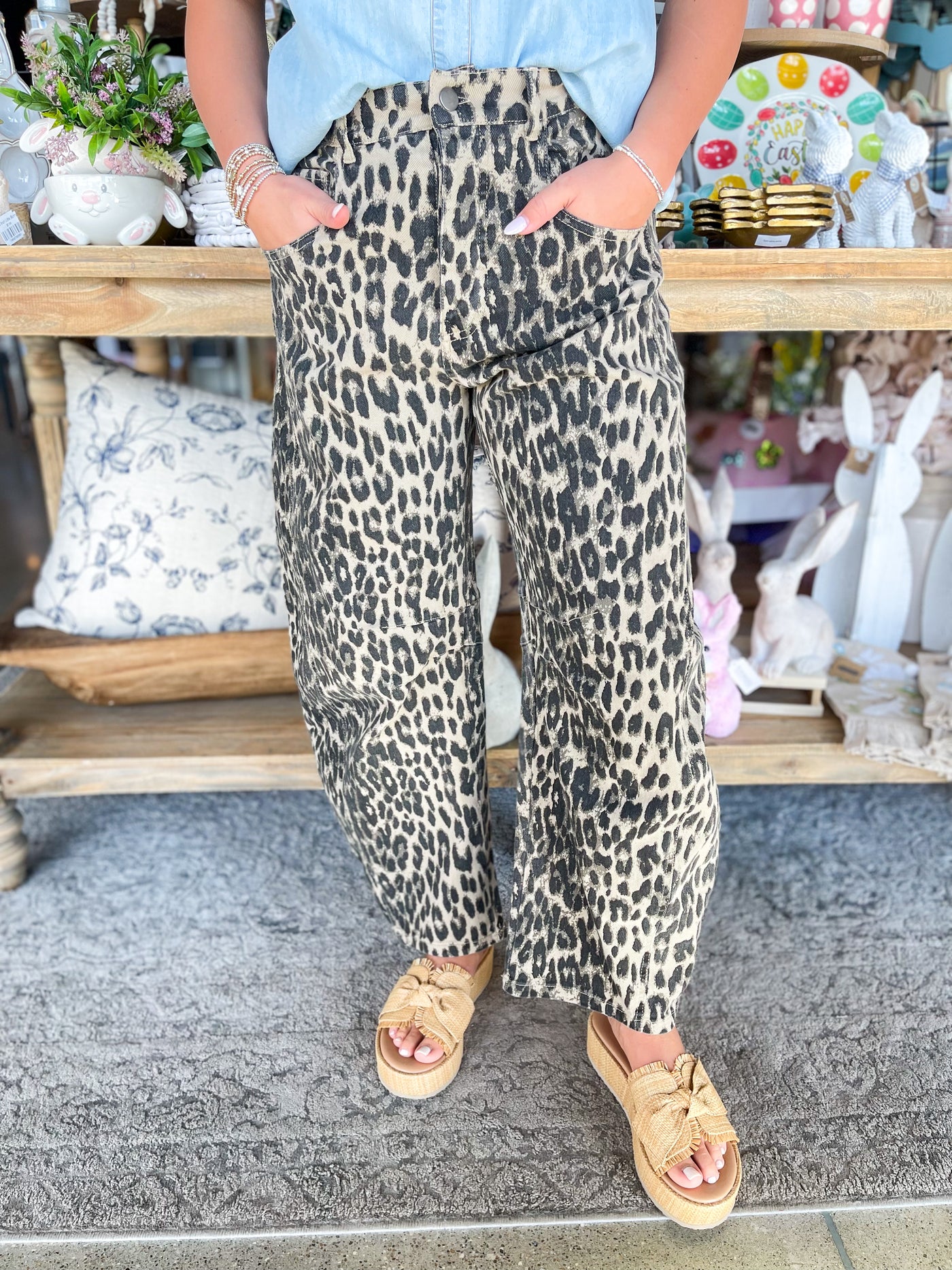 EESOME Leopard Print Barrel Jeans
