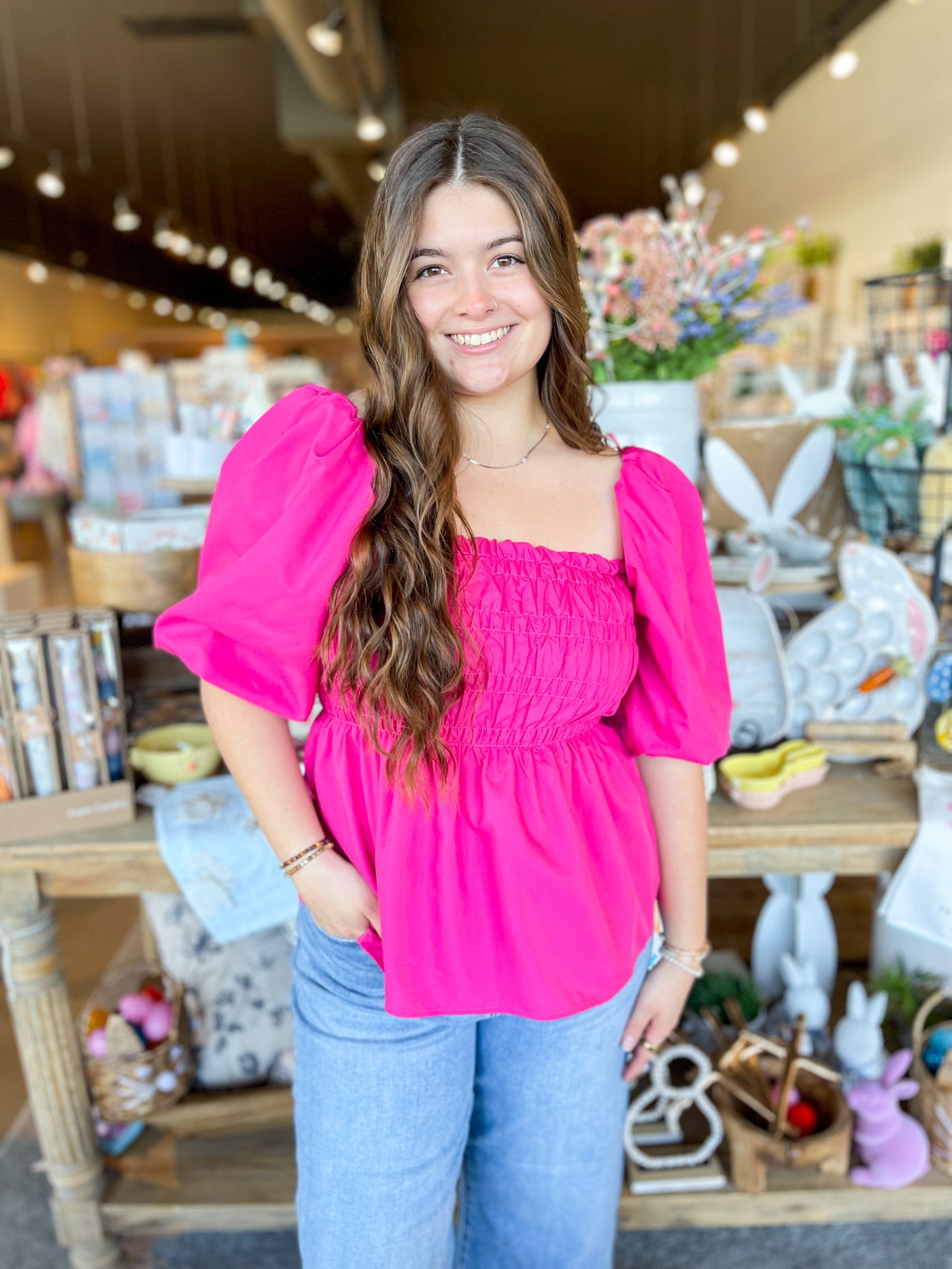 Pink Kinsley Smocked Bubble Sleeve Top