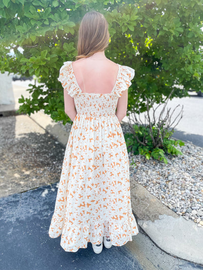 Evie Floral Smocked Bodice Ruffle Sleeve Midi Dress