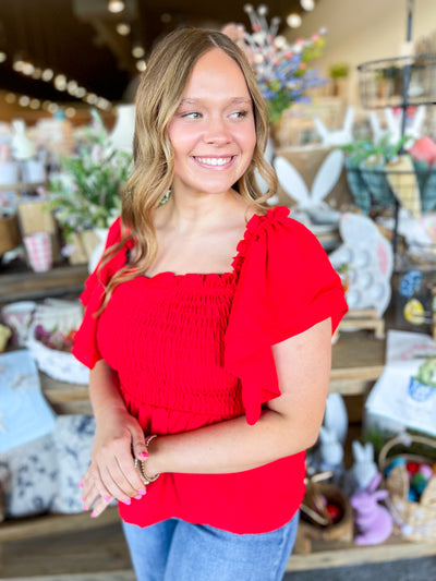 Red Kierra Flounce Sleeve Smocked Top