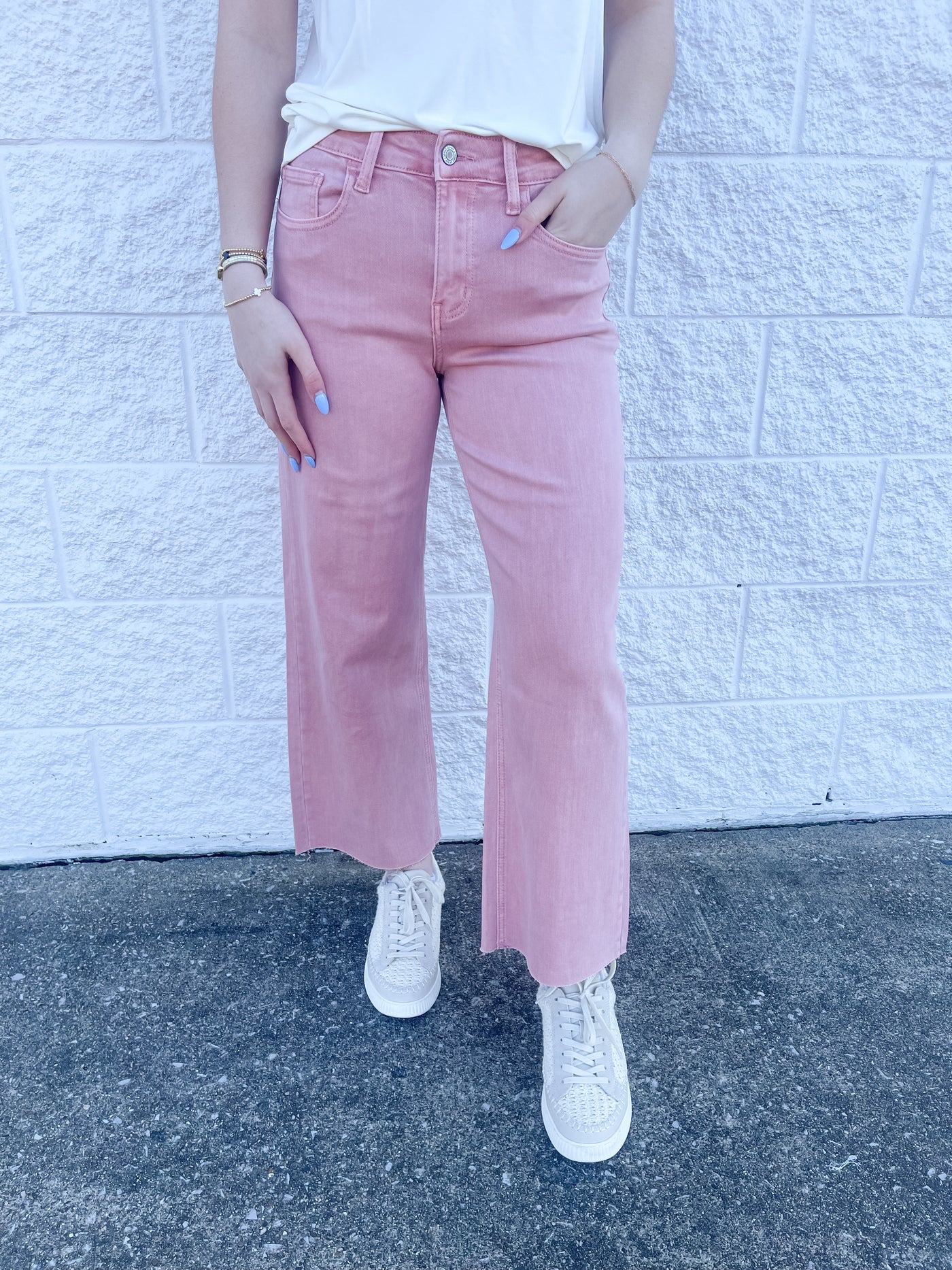 Olivia Silver Pink High Rise Crop Wide Leg Denim