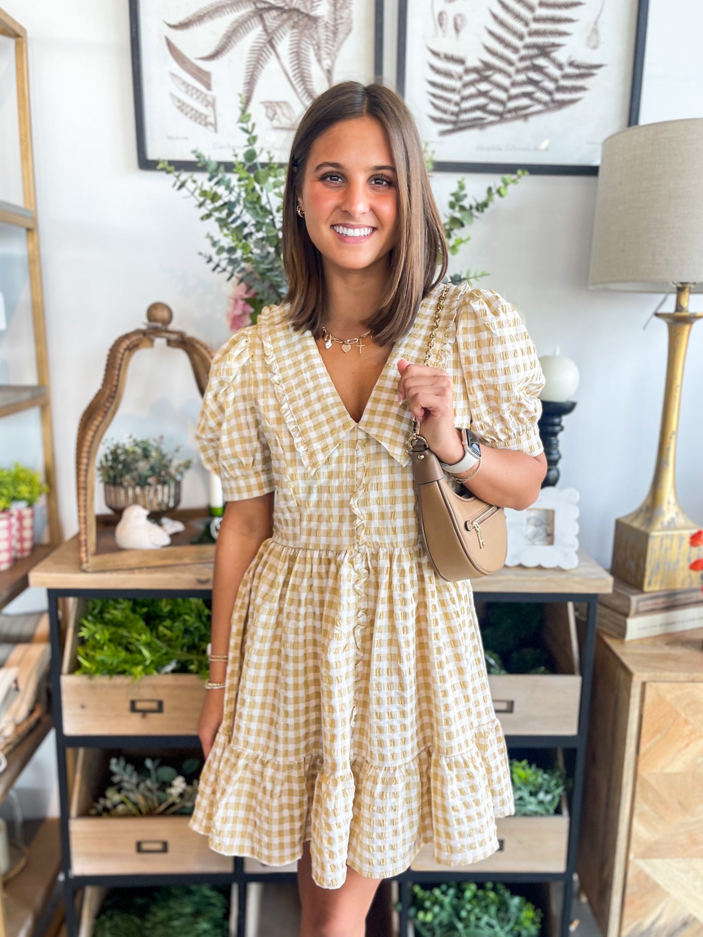 Beige Checked Baylor Dress