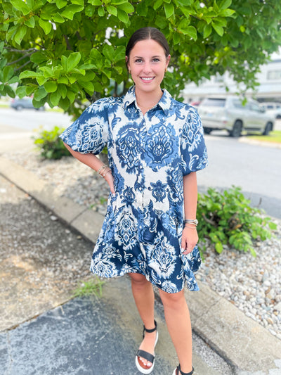 Voy Collared Paisley Print Puff Sleeved Dress