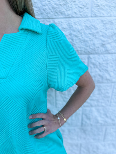 See and Be Seen Turquoise Collared Texture Dress