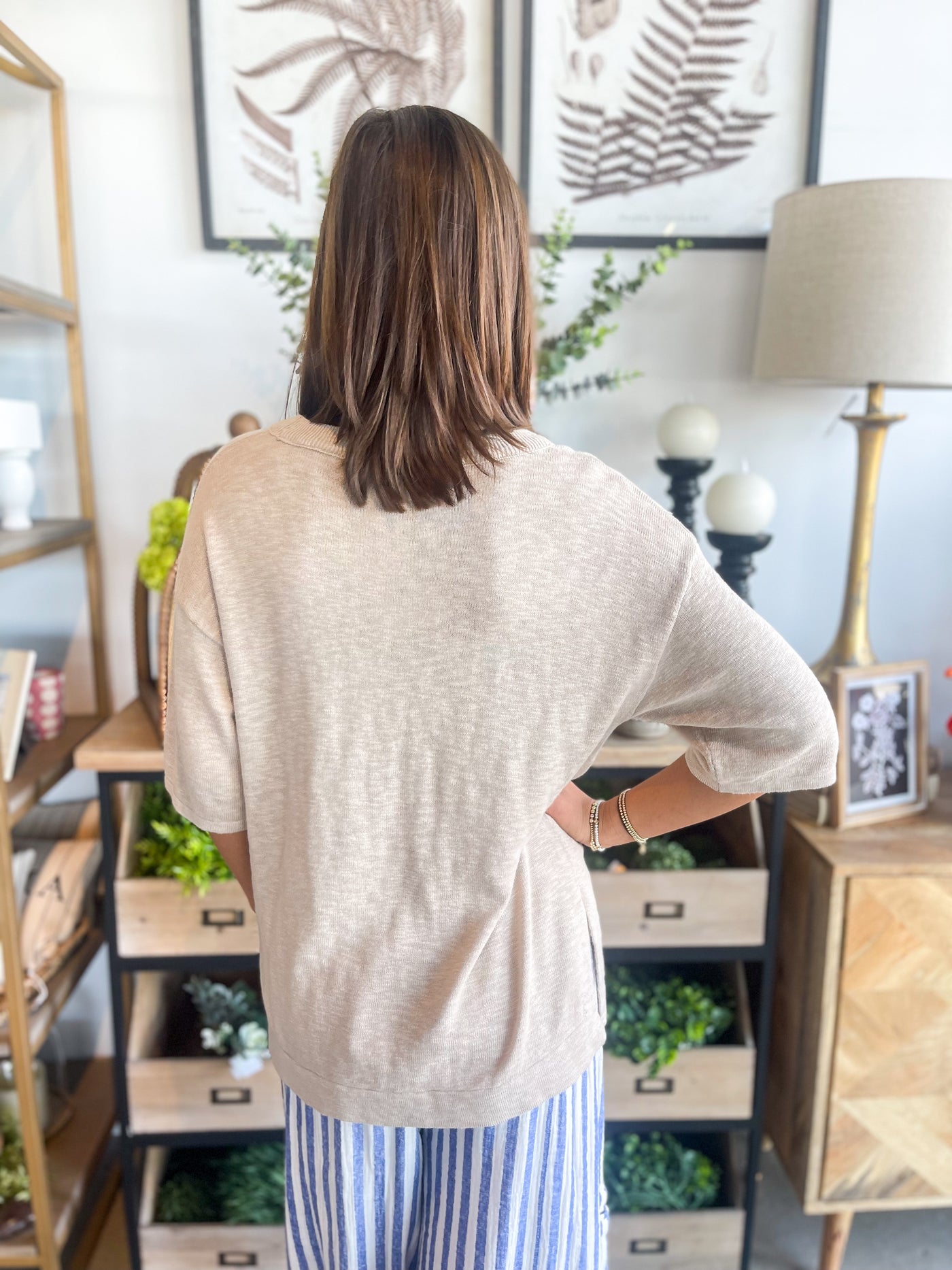 Be Cool Beige Relaxed Fit Slub Sleeve Top