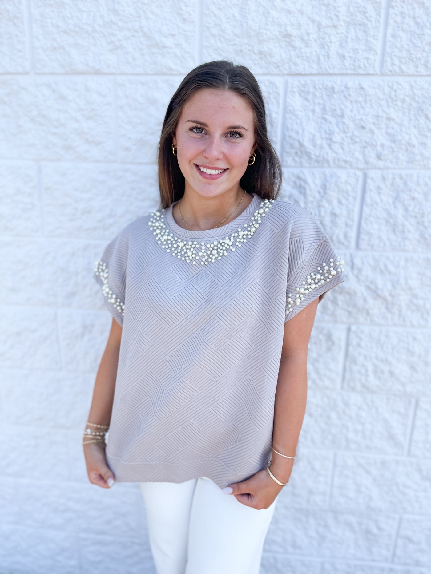 Oatmeal See and Be Seen Pearl Detail Top