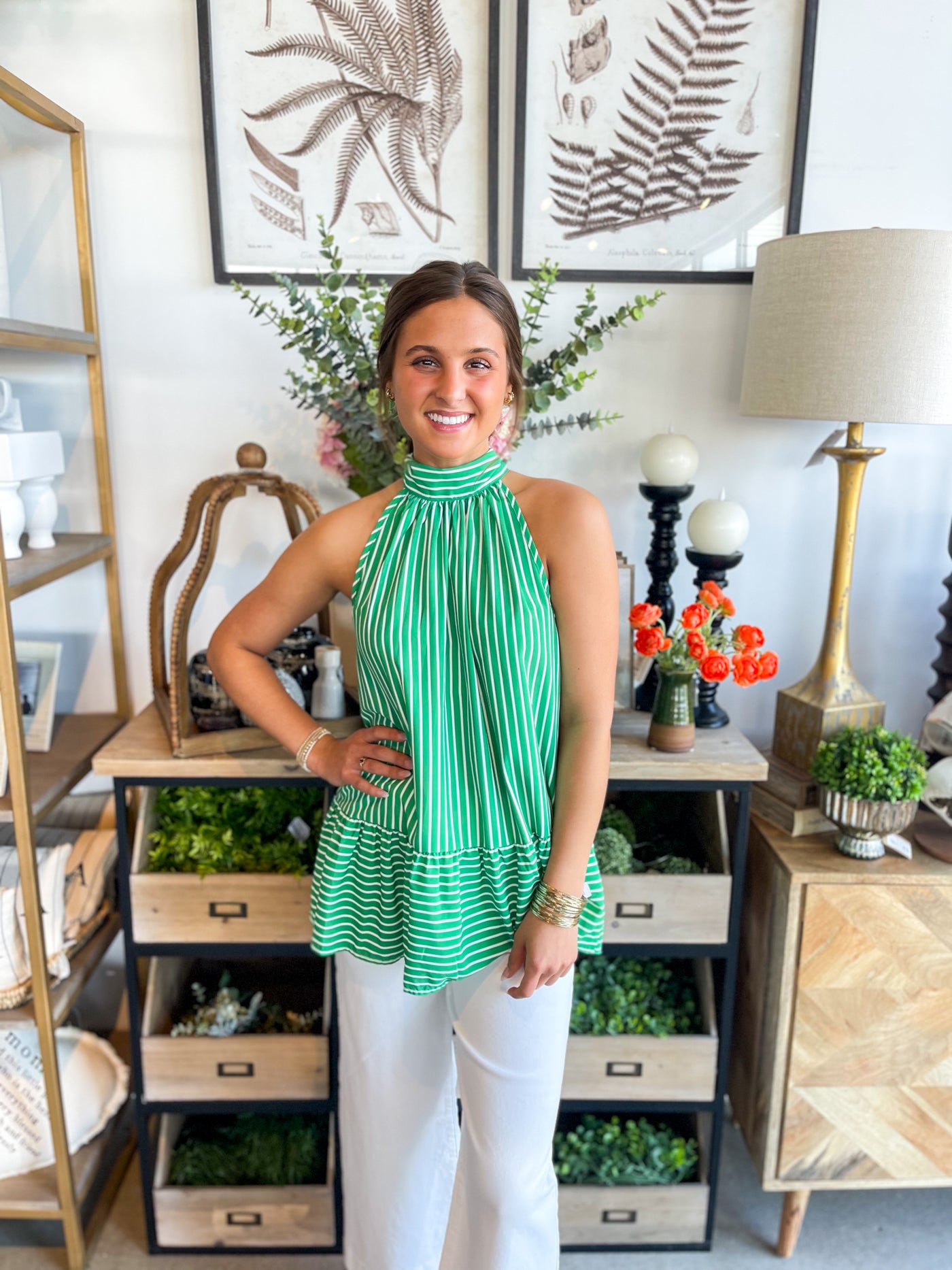Kimber Green White Stripe Halter Bow Top