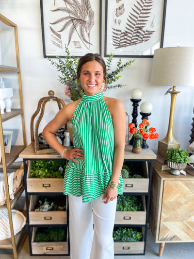 Kimber Green White Stripe Halter Bow Top