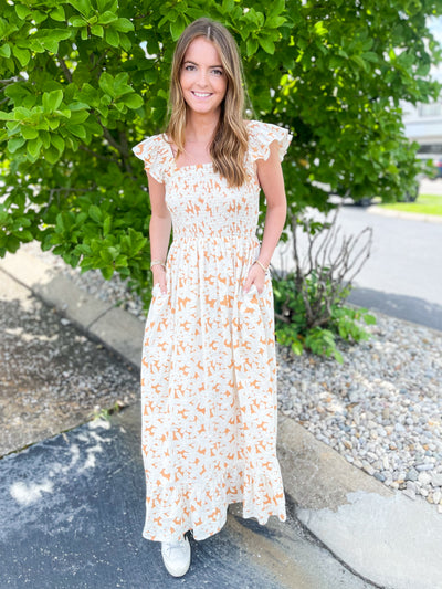 Evie Floral Smocked Bodice Ruffle Sleeve Midi Dress