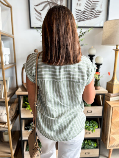 Verna Sage Stripe Gauze Button Top