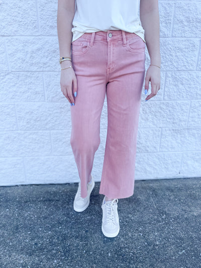 Olivia Silver Pink High Rise Crop Wide Leg Denim