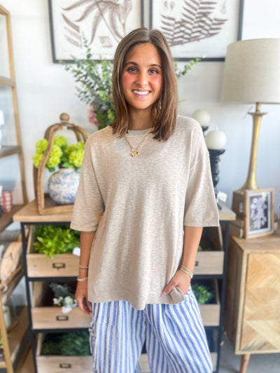 Be Cool Beige Relaxed Fit Slub Sleeve Top