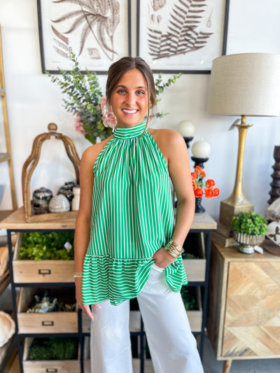 Kimber Green White Stripe Halter Bow Top