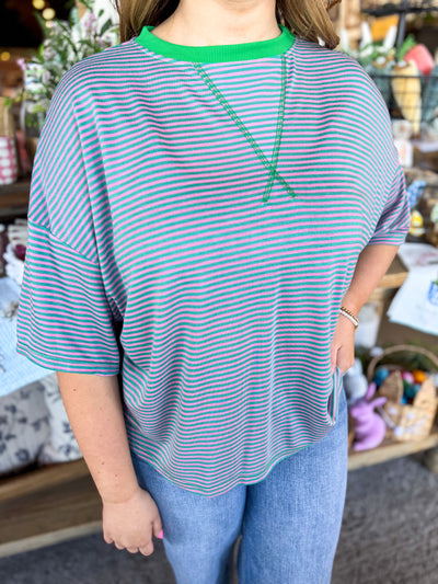 Kadence Pink Blue Stripe Top