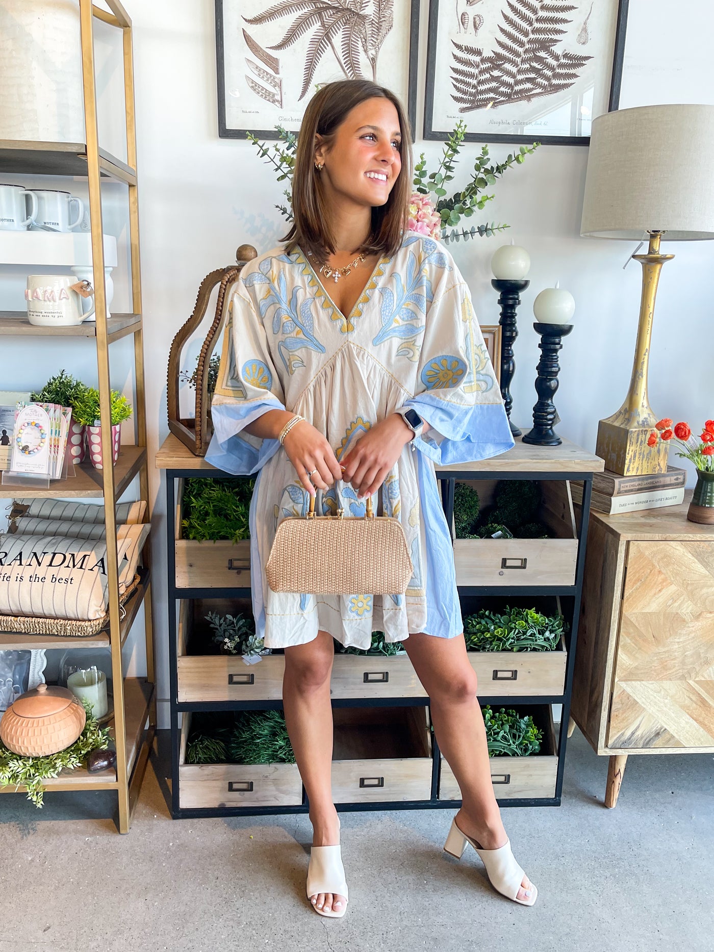 Zia Taupe Blue Embroidered Dress
