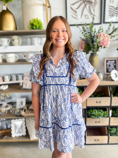 White Blue Puff Sleeve Matti Dress