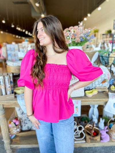 Pink Kinsley Smocked Bubble Sleeve Top