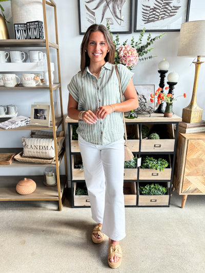 Verna Sage Stripe Gauze Button Top