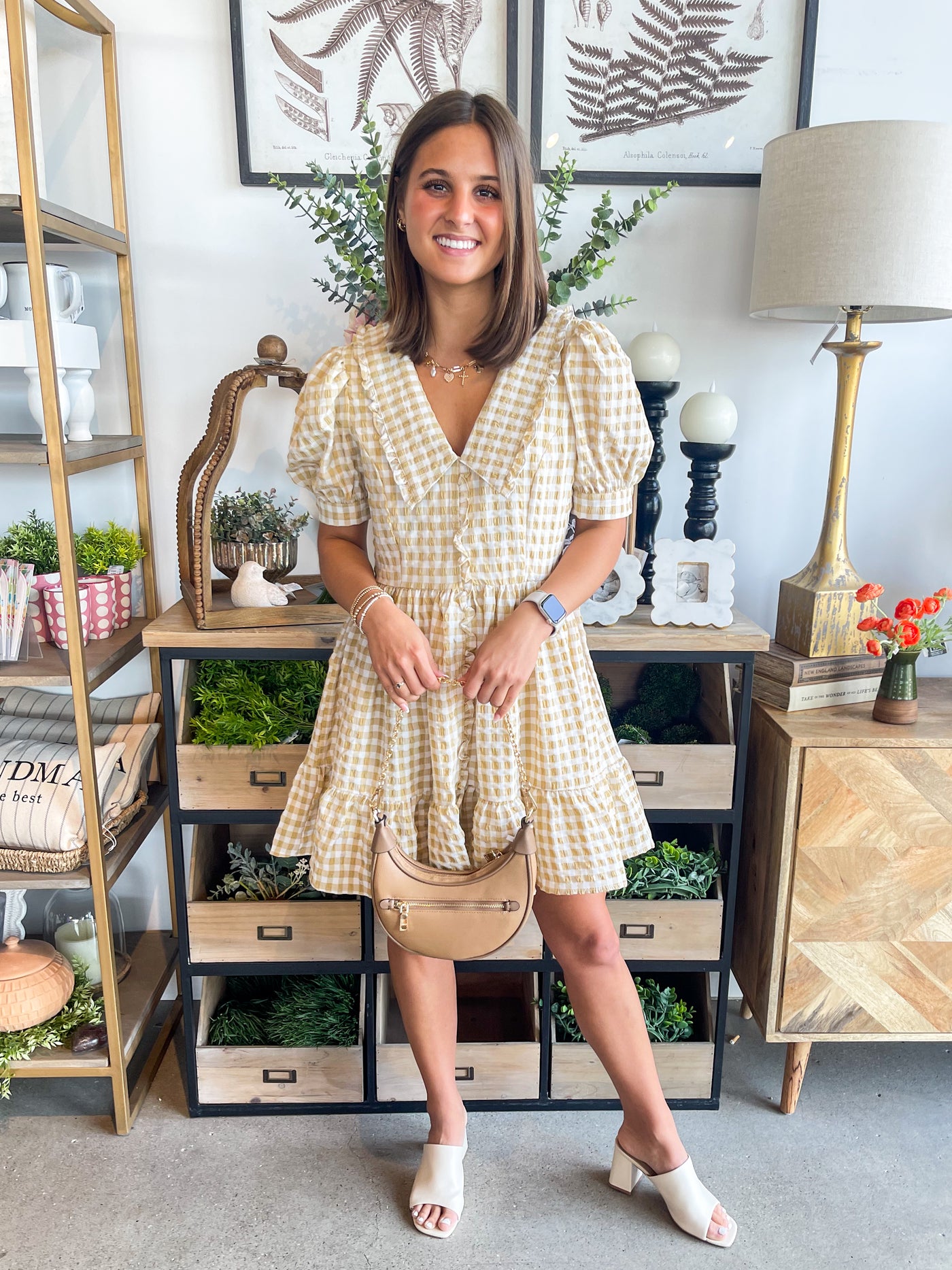 Beige Checked Baylor Dress