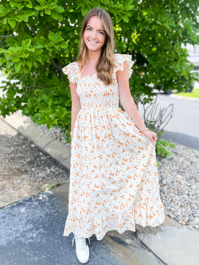 Evie Floral Smocked Bodice Ruffle Sleeve Midi Dress