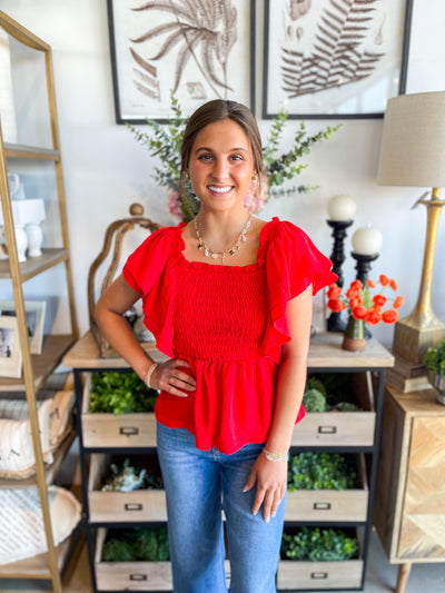 Red Kierra Flounce Sleeve Smocked Top