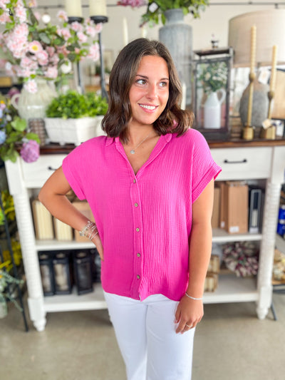 Verna Pink Gauze Button Top
