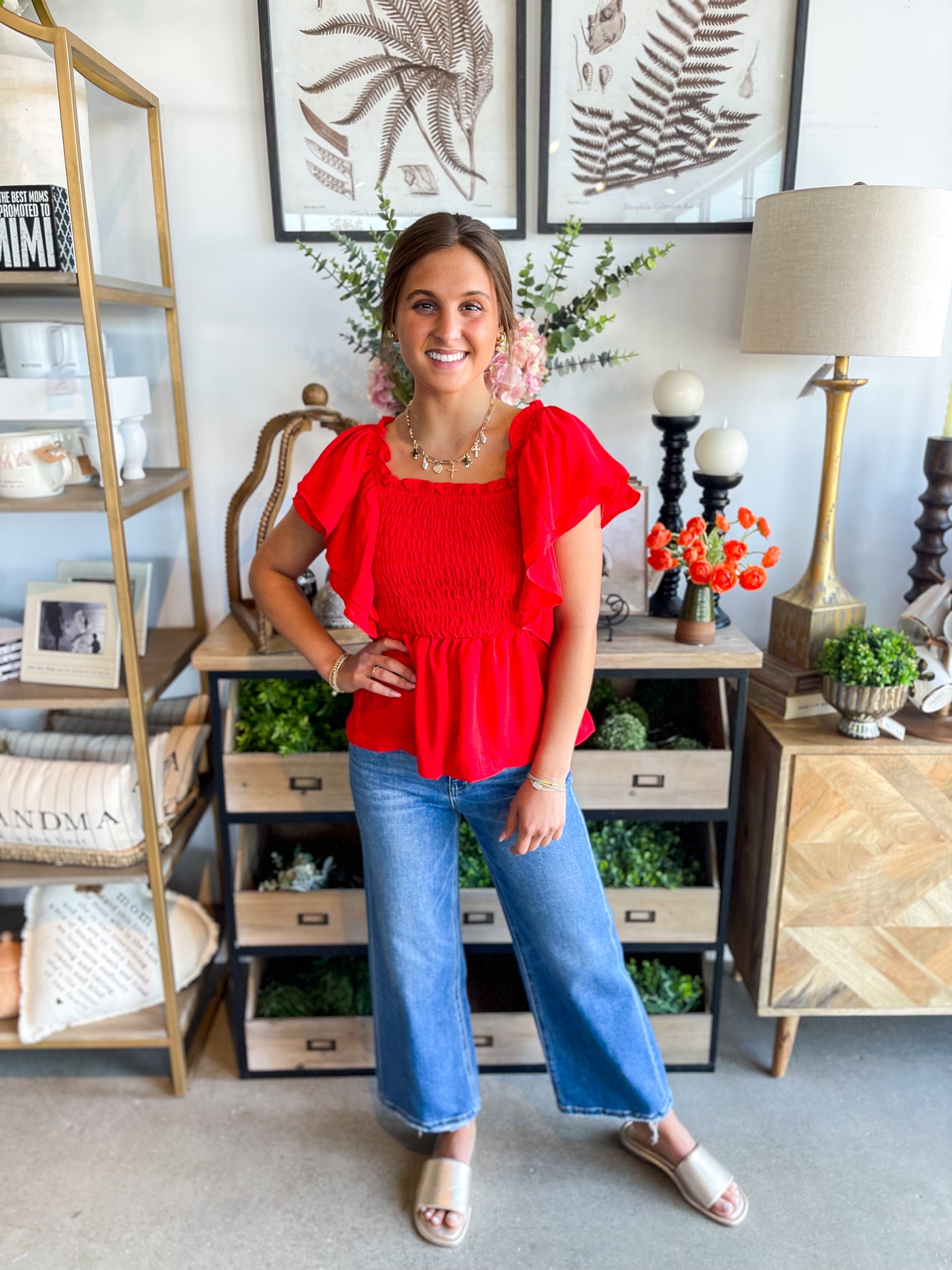 Red Kierra Flounce Sleeve Smocked Top