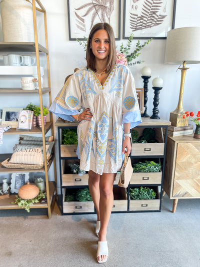 Zia Taupe Blue Embroidered Dress