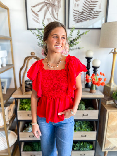 Red Kierra Flounce Sleeve Smocked Top