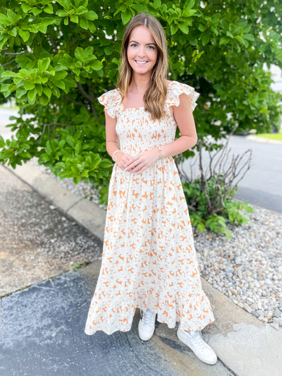 Evie Floral Smocked Bodice Ruffle Sleeve Midi Dress