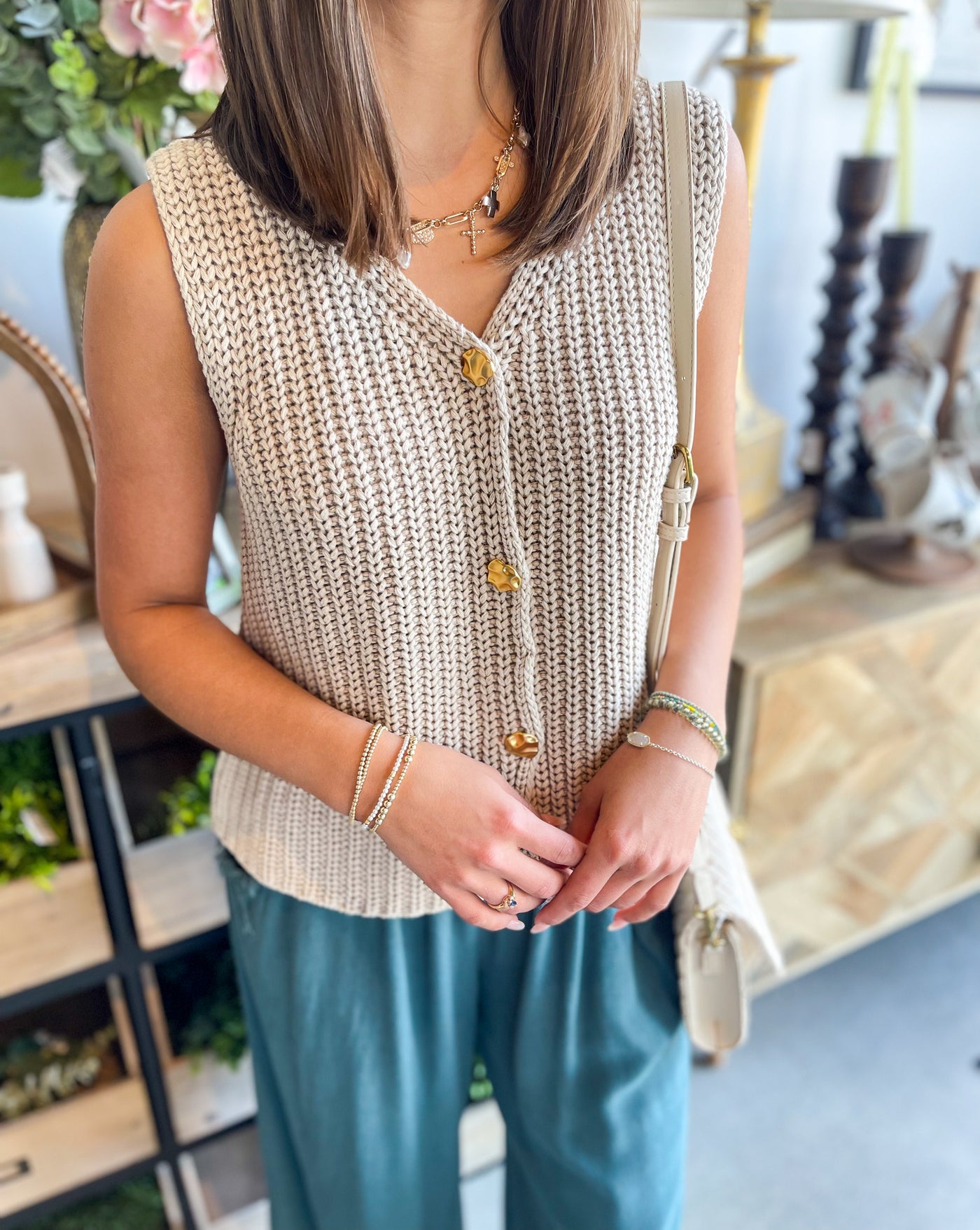 Yasmine Jodifl Taupe Sweater Button Vest