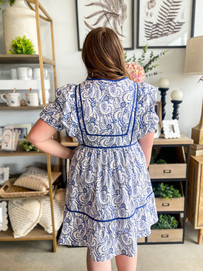 White Blue Puff Sleeve Matti Dress