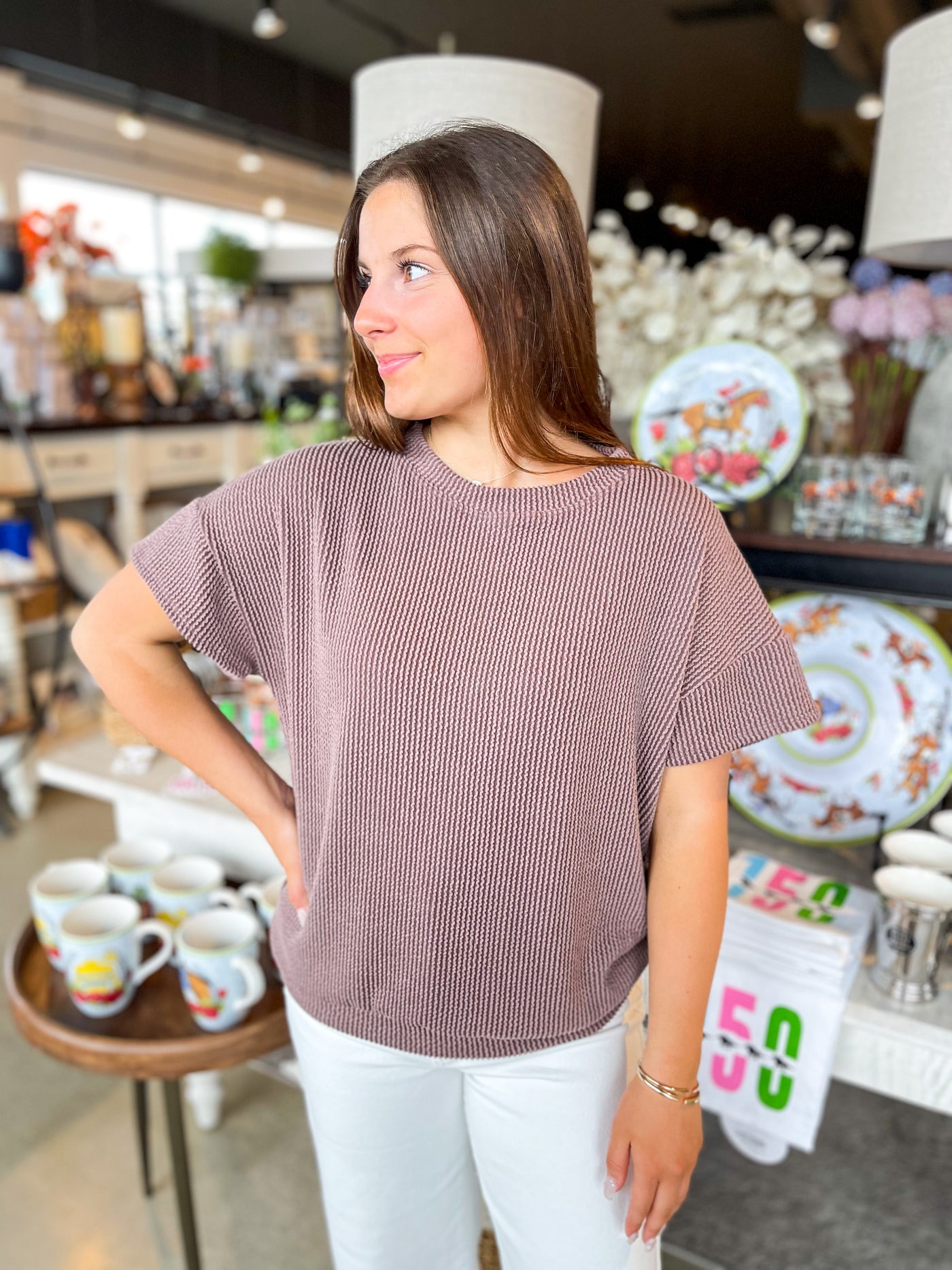 Blumin Ribbed Short Sleeve Casual Top Copper