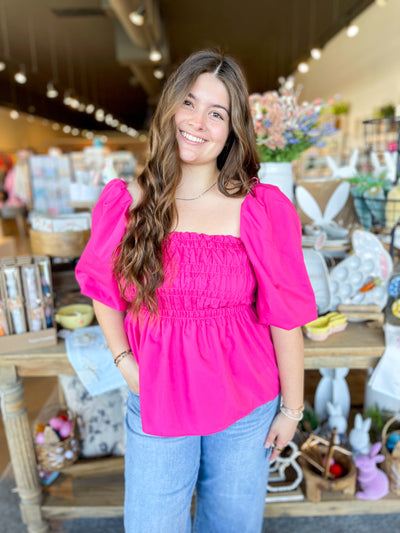 Pink Kinsley Smocked Bubble Sleeve Top