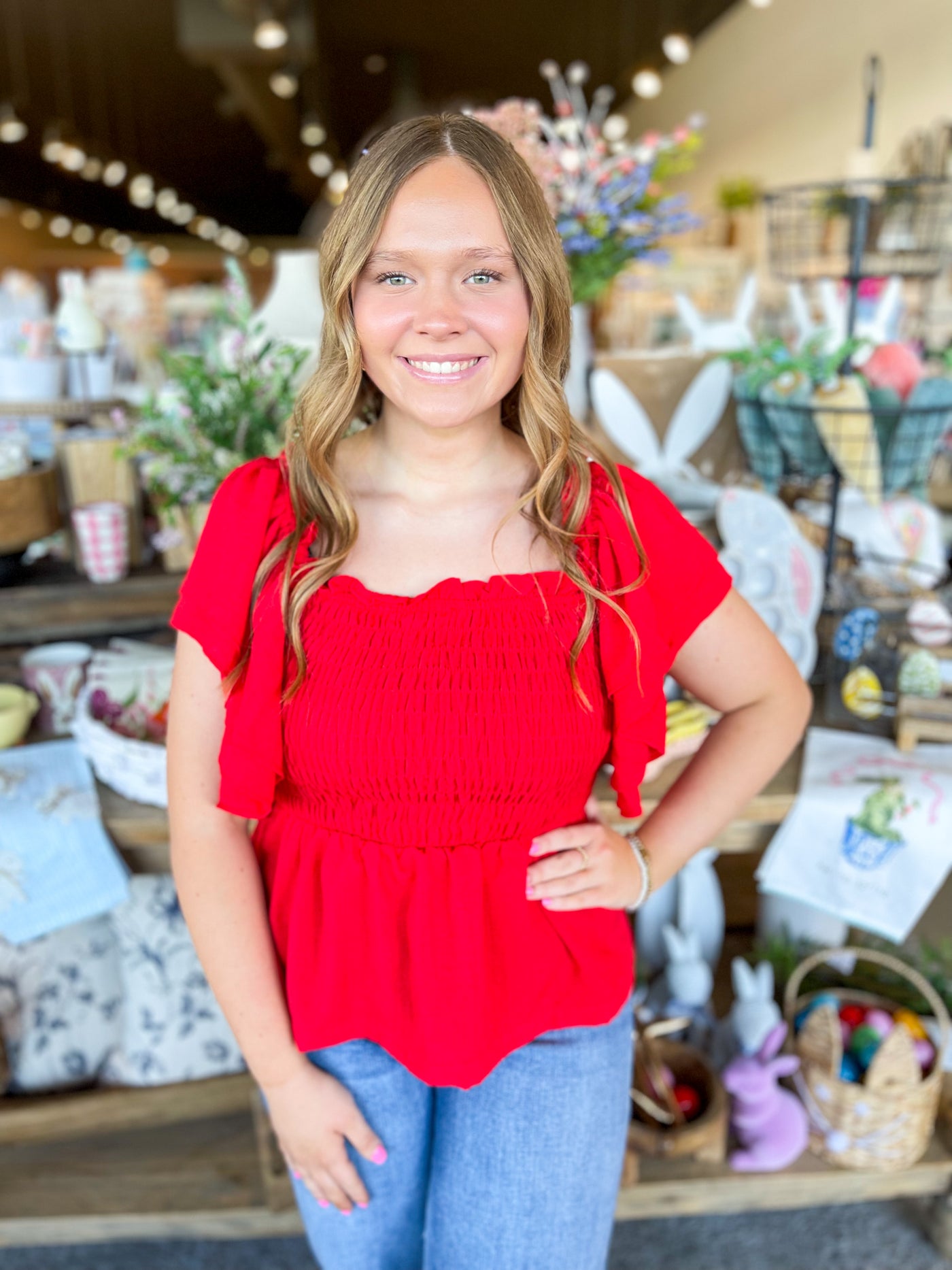 Red Kierra Flounce Sleeve Smocked Top