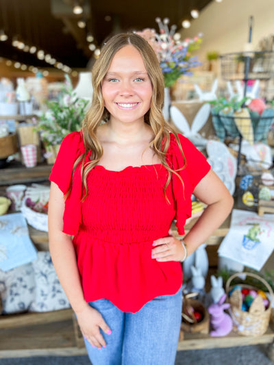 Red Kierra Flounce Sleeve Smocked Top