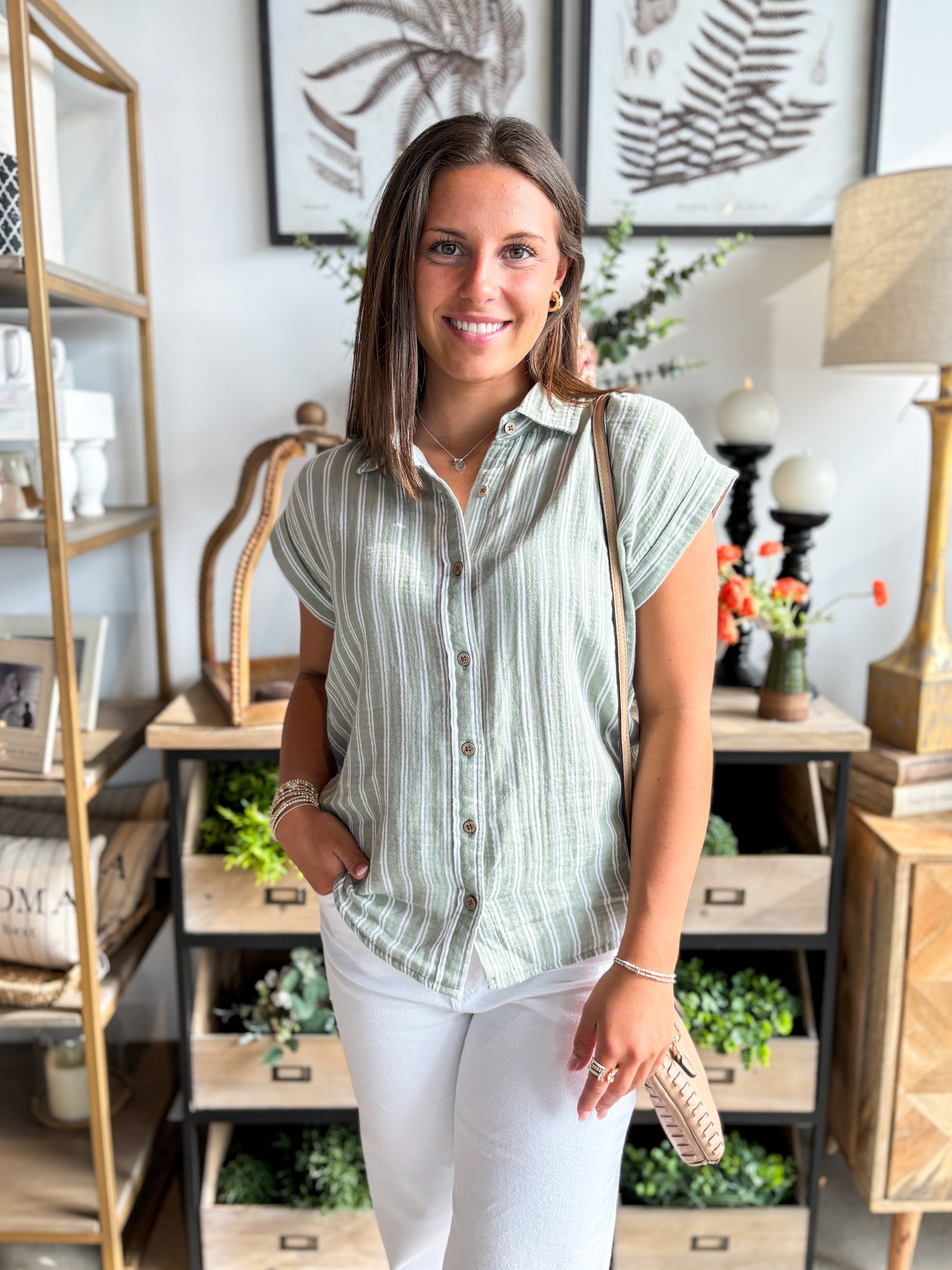Verna Sage Stripe Gauze Button Top