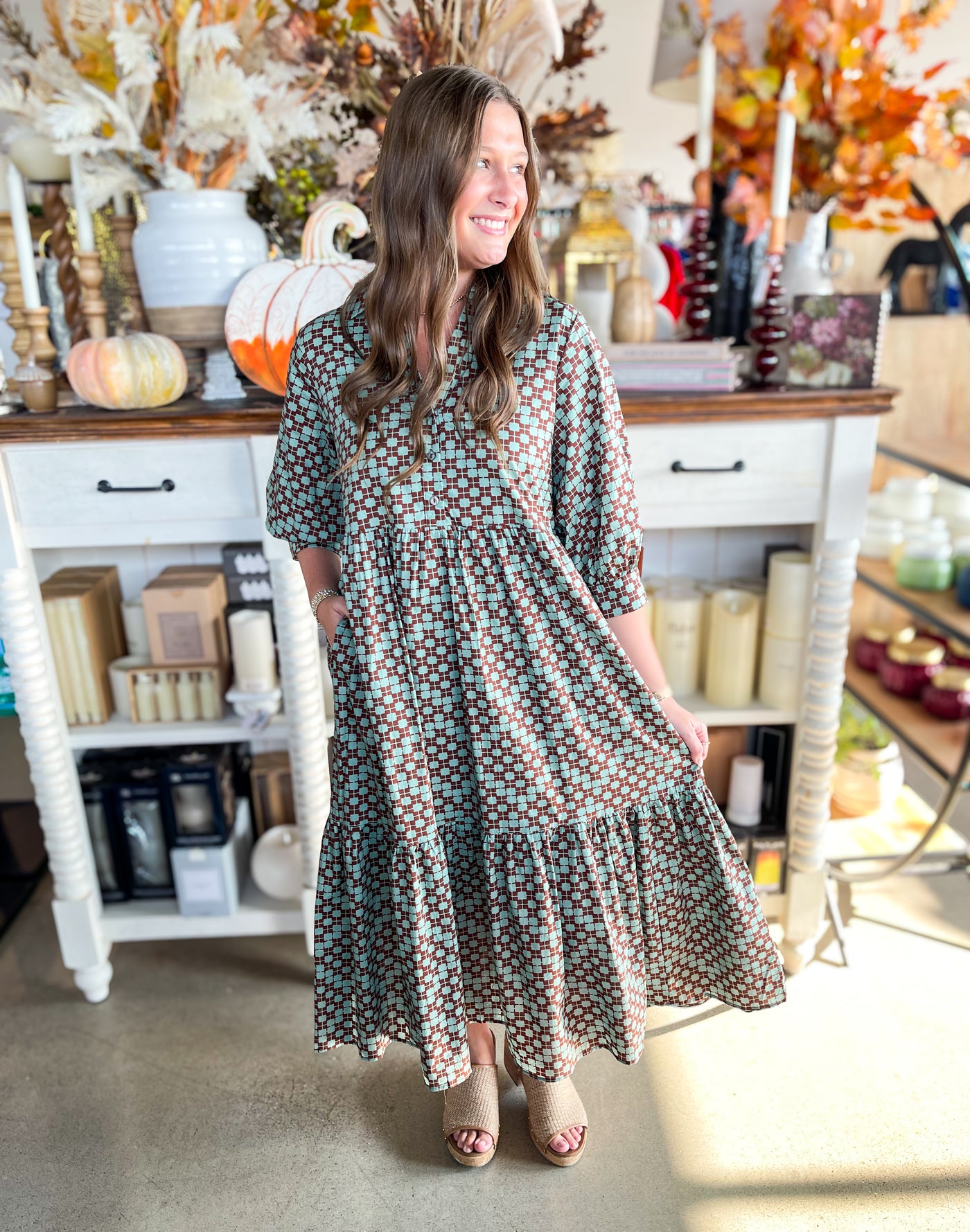 entro brown dress Haven – Kenzie Parker silk_dress 50+ Long and Short COLOR:Blue Green Line Silhouette Contrasting Color