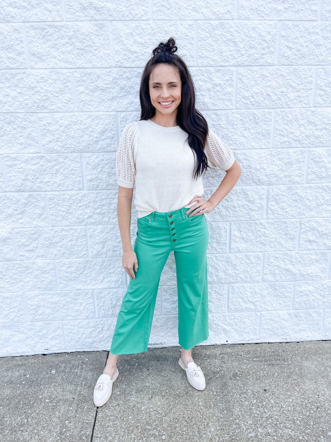 Clover Green Button Front Wide Leg Pants