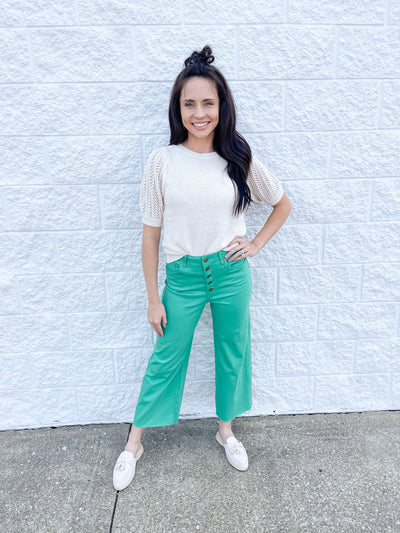 Clover Green Button Front Wide Leg Pants