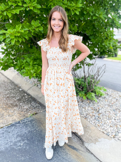 Evie Floral Smocked Bodice Ruffle Sleeve Midi Dress