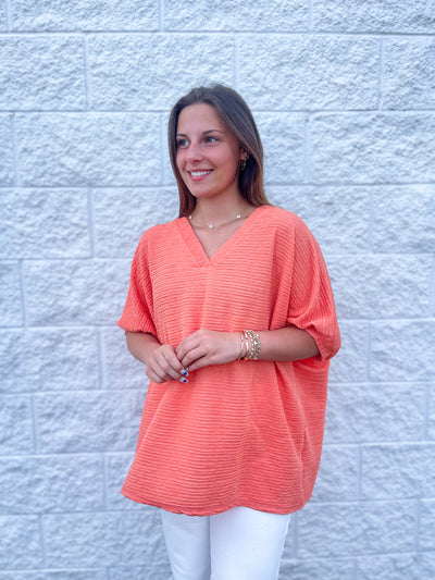 Melon Textured V Neck Dolman Short Sleeve Top