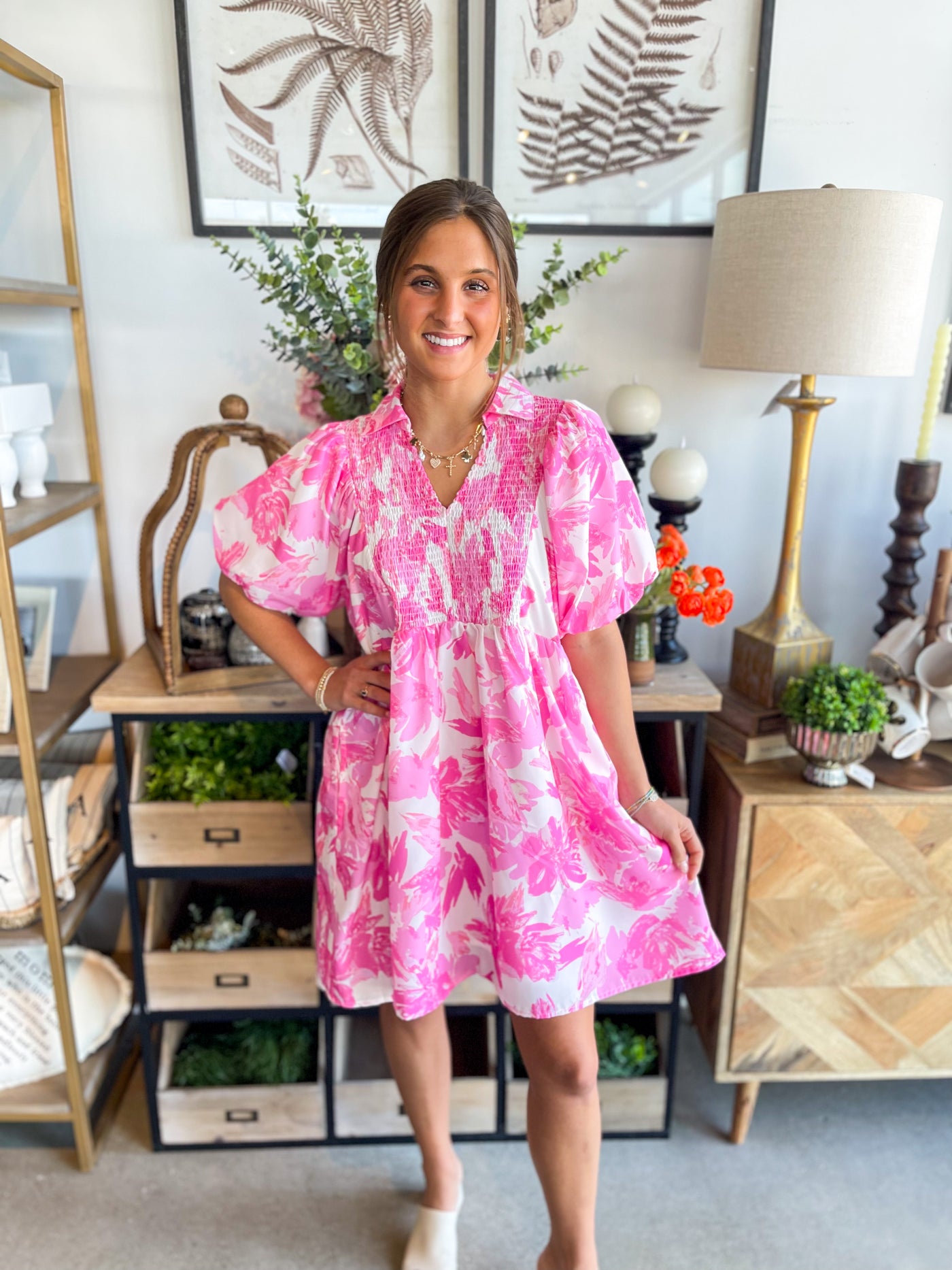 Viana Pink White Floral Dress