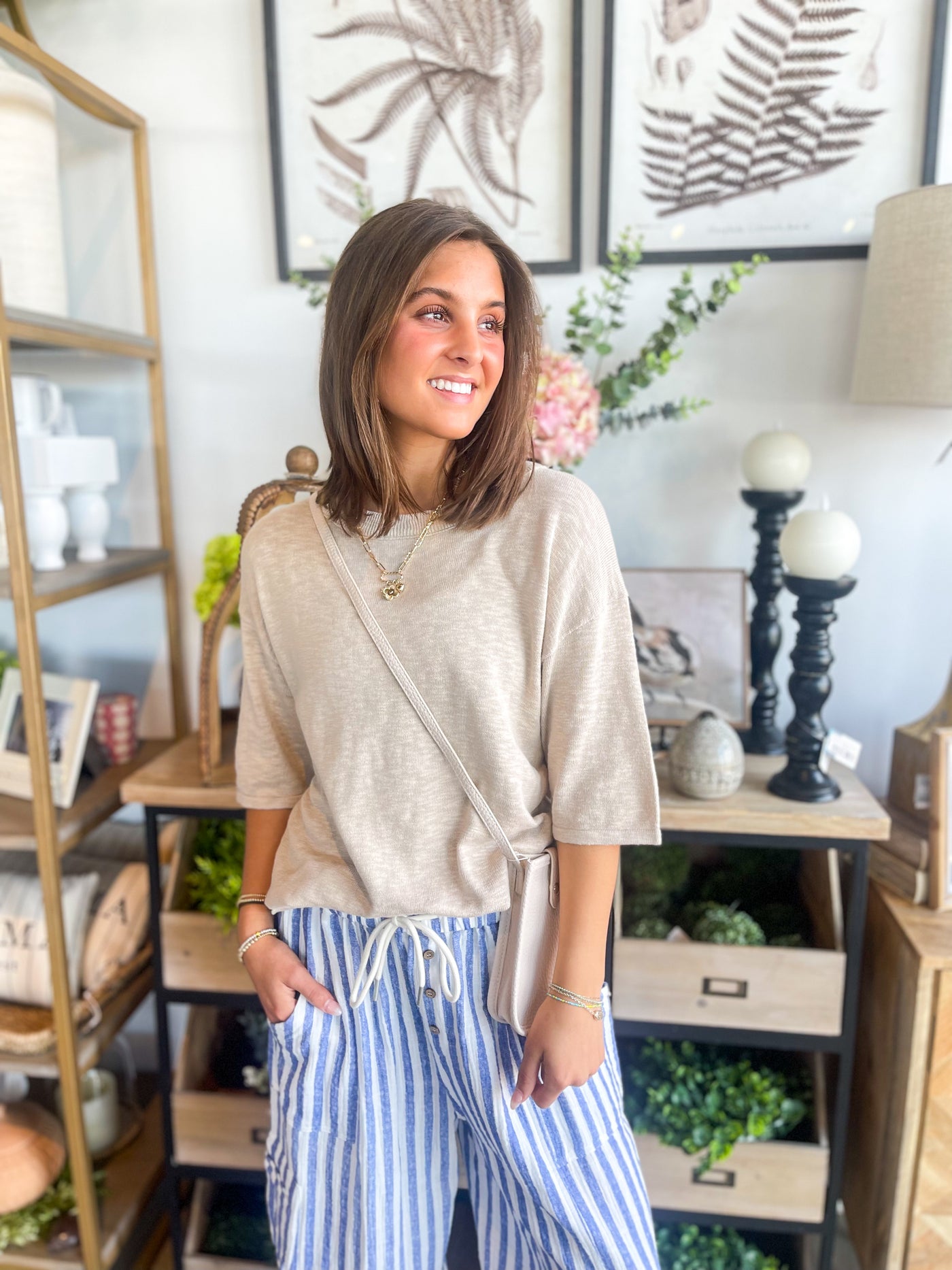 Be Cool Beige Relaxed Fit Slub Sleeve Top