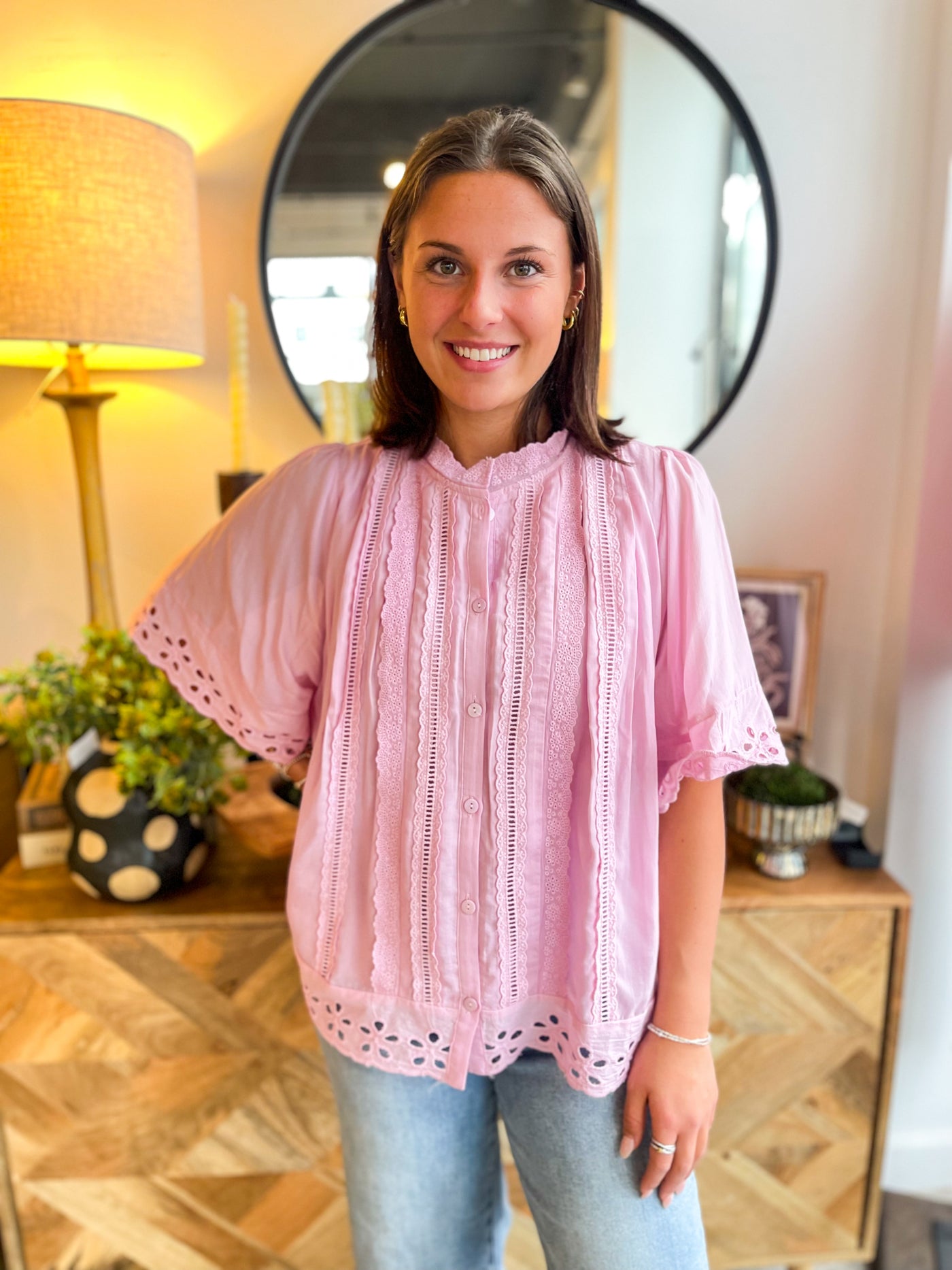 Easel Cotton Pink Detail Sleeve Top