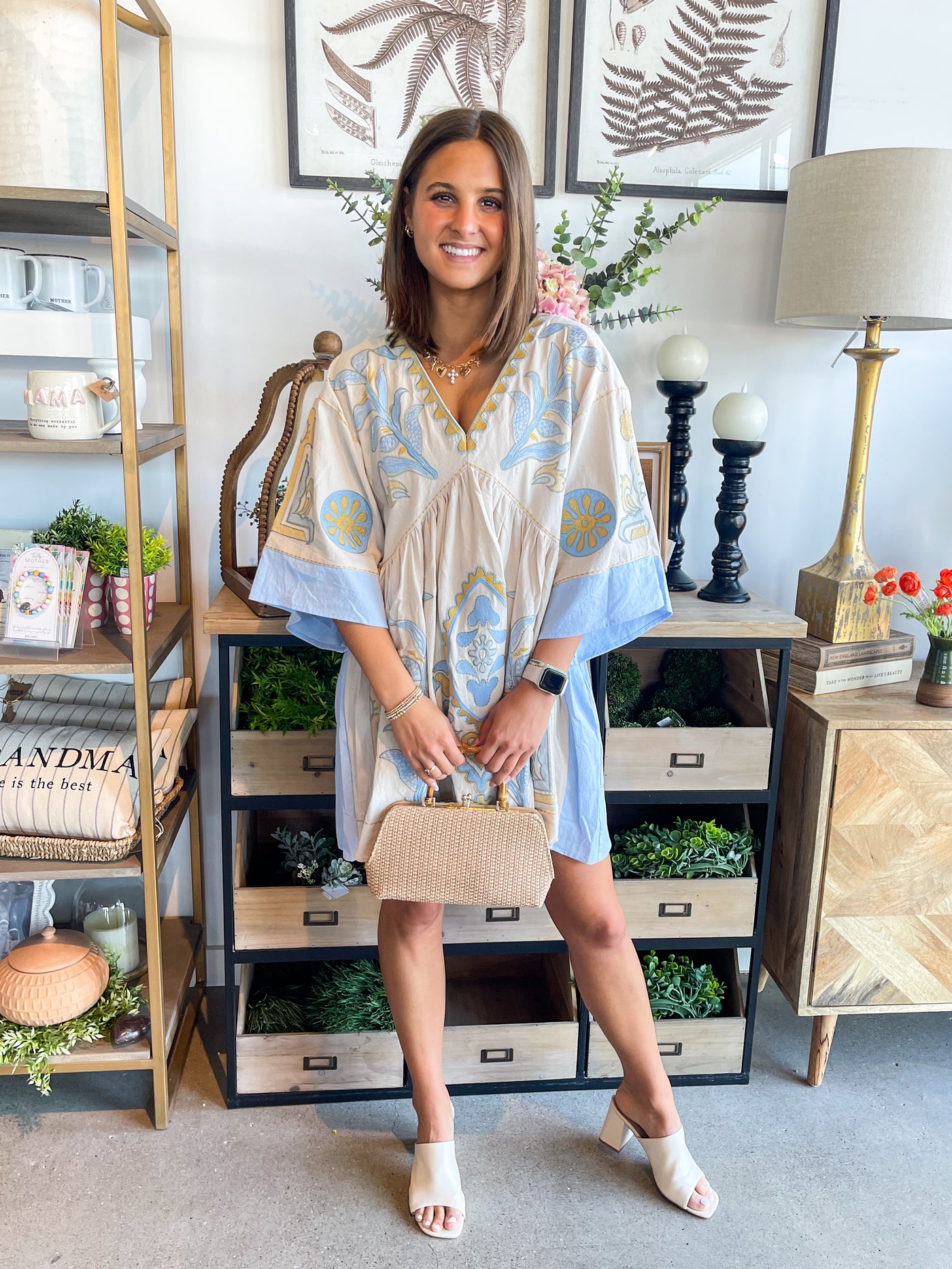 Zia Taupe Blue Embroidered Dress