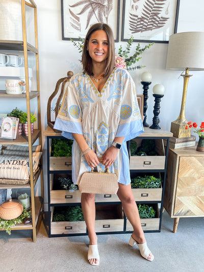 Zia Taupe Blue Embroidered Dress